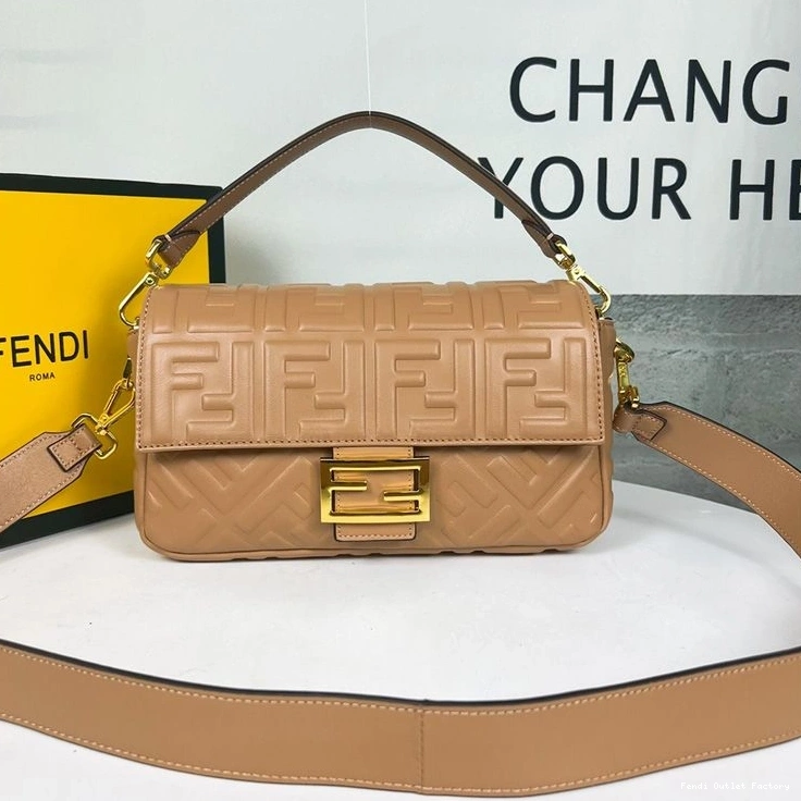 Affordable HOT Brown Nappa In Bag Leather Fendi Motif Baguette FF Medium 0717
